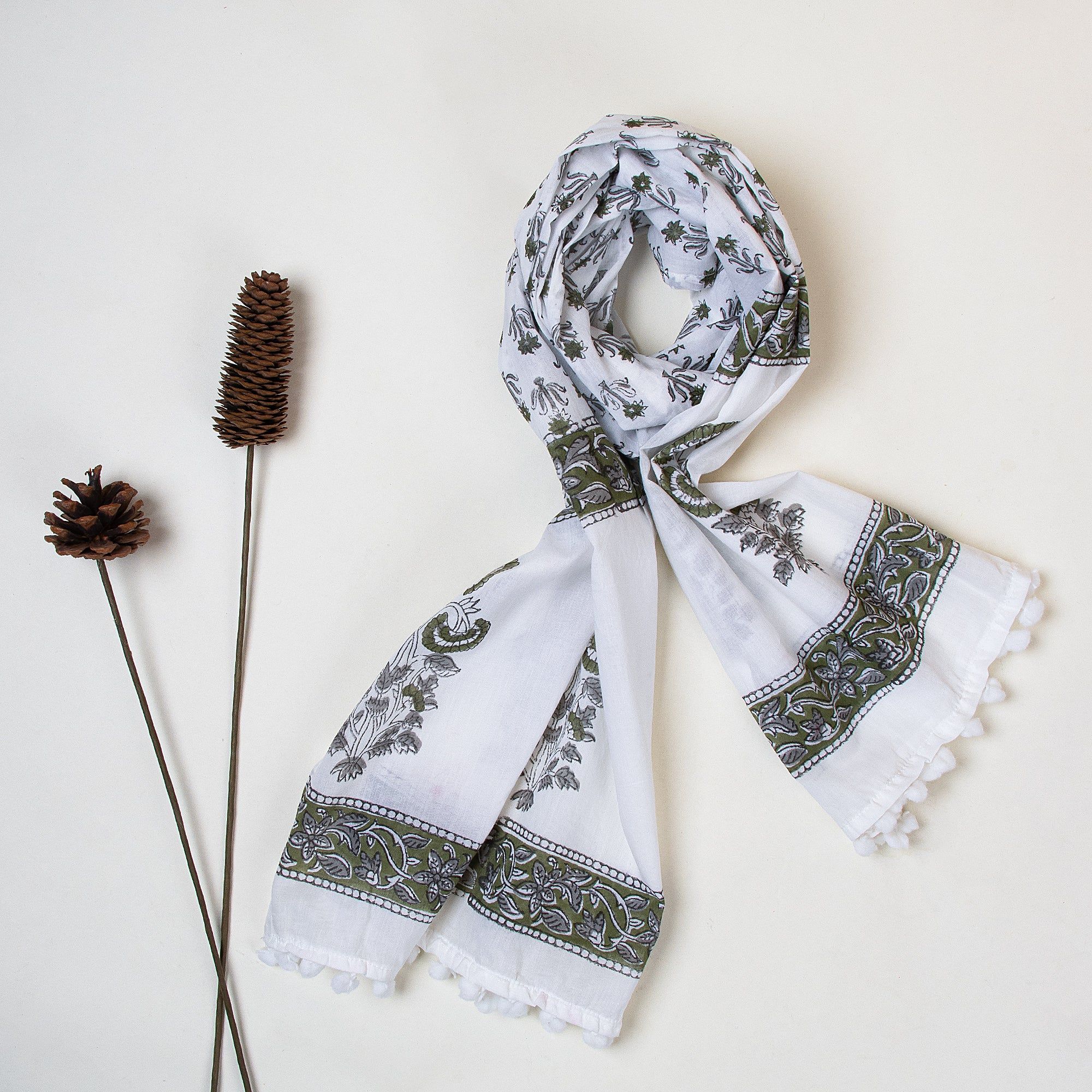 Gray Floral Hand Block Print Pure Cotton Ladies Stole